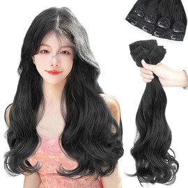 AISIHAIR Hair Extension, Neckline Wig, Black, Long, 17.7 inches (45 cm), One Touch Clip, Natural, Small Facial Effect, Breathable, Heat Resistant, Curly Hair, Set of 6, Fluffy, Normal, Korean Style