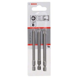 Bosch 2607001757 Screwdriver Bit Set: 3 Pieces, Hex Shaft: 0.25 inch (6.35 mm), Groove Shank: 0.4 inch (9 mm), (PH1, PH2, PH3) 1 each, 3.5 inch (89 mm)