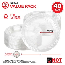 Stock Your Home 6-Inch Clear Plastic Dessert Plates (40 Pack) Flexible Disposable Clear Plates for Dessert & Appetizers, Crystal Clear Small Plates for Parties & Catering, Clear Plastic Party Plates