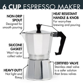 Primula Classic Stovetop Espresso and Coffee Maker, Moka Pot for Italian and Cuban Café Brewing, Greca Coffee Maker, Cafeteras, 6 Espresso Cups, Silver