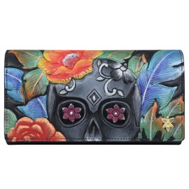 Anuschka Women’s Original Hand-Painted Genuine Leather RFID Blocking Three Fold Wallet - Tooled Midnight Calavera
