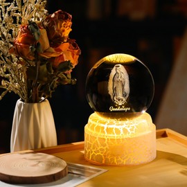 Enjinkail 3D Virgen De Guadalupe Statue Crystal Ball with LED Rotating Base & Gift Box, 3.15" Religious Gifts for Women Men Catholics Home Decor for Holiday Christians (Our Lady of Guadalupe)