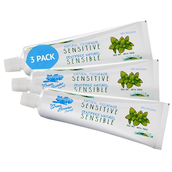 Green Beaver All Natural Organic Toothpaste, Vegan, Fluoride Free Toothpaste & Gluten Free, Mint Sensitive Teeth Flavor, 75ml, 3 pack