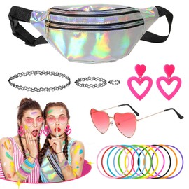 JSTHHTT 90er Jahre Outfit Damen, 17 Pcs 90er Jahre Accessoires, 80s 90s Kleidung Kostüm Accessoires mit Bauchtasche, Armbänder, Brille und Ohrring für Karneval Neon Party