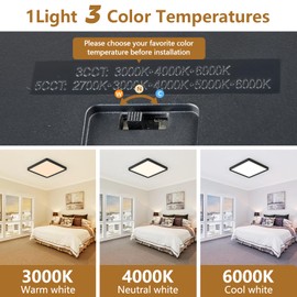 20 Inch Square LED Flush Mount Ceiling Light, 50W, 5000LM 3000K/4000K/6000K CCT Selectable, Large Square LED Flat Panel Ceiling Light Fixture for Bedroom,Kitchen,Living Room (Black 1PK)