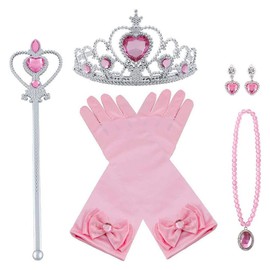 Vicloon Princess Costume Accessories, 8-Piece Set, Girls’ Dress-Up Accessories with 1 x Pair of Elsa Gloves, 1 x Elsa Crown, 1 x Magic Wand, 1 x Necklace, 1 x Ring, 2 x Earrings, Pink