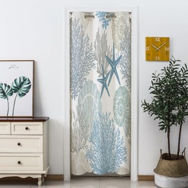 Nautical Coastal Door Curtain for Doorways, Ocean Beach Seashell Blackout Curtain for Closet Hallway Kitchen, Grommet Thermal Insulated Privacy Door Curtain for Room Divider 39" W x 79" L (1 Panel)