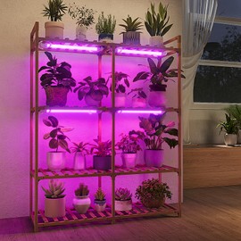 Bamworld Plant Stand with Grow Lights for Indoor Plants Wood Plant Shelf 4 Tier Large Flower Stand for Mutiple Plant Holder Rack for Patio Living Room BalconyDecor Purple Light
