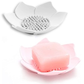 Adorable Pink Peri - 2-Pack Pink Soap Dish for bar soap lovers | Self draining hole holder | Pink Floral Decor Bathroom Accessories | Zero Waste Gift (Silicone - Lotus Shape)