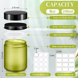 Norme 12 Pcs 8oz Thick Glass Jars with 24 Plastic Metal Lids Empty Candle Making Glass Jars with 24 label Airtight Food Storage Containers with Inner Liners Lid for Candle Lotions Creams(Green)
