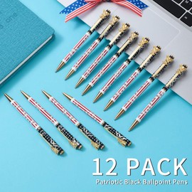 12 Pieces American Flag Pen Independence Day Ballpoint Pens Patriotic Writing Pens with Clip Black Ink Pens for 4th of July, Office Supplies, Souvenir, Present