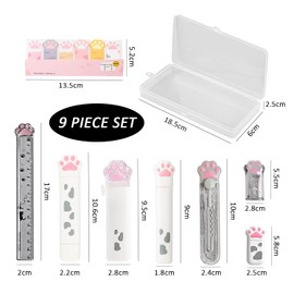 ZWZNBL 9 Pieces Cat Claw Stationery Cute Stationery Set School Supplies Pencil Sharpener Eraser Correction Tape Sticky Notes Ruler Mini Scissors for Girls (Pink)
