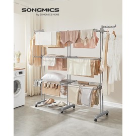 SONGMICS Clothes Drying Rack 4-Tier, Foldable Laundry Drying Rack 69.9-Inch Tall, Extendable Rods, Stainless Steel, Rolling Clothes Horses, Clothes Airer, Indoor Outdoor Use, Dove Gray ULLR704G01