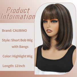 CAUBINO Bob Wig With Bangs Short Bob Wigs for Black Women 12 Inch Highlight Brown Mix Black Ready to Wear Glueless Wig Put On and Go Pre Layered Cut Synthetic Wig for Daily Use