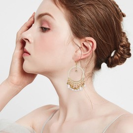 KVANU Handmade Creative Colorful Bohemian Chandelier Teardrop Bead Dangle Drop Earrings Ethnic Gypsy Beads Tassel Hoops Earrings for Women (1-White)