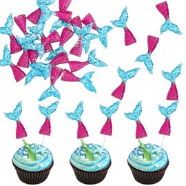 Ephlyn Acrylic Mermaid Tails & Figurines - 24pcs Cupcake Toppers & Wrappers in Purple & Dark Blue for Mermaid Party Supplies
