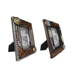 Set Of 2 Rustic Southwestern Boho Feathers Turquoise Gems Scroll Picture Frames