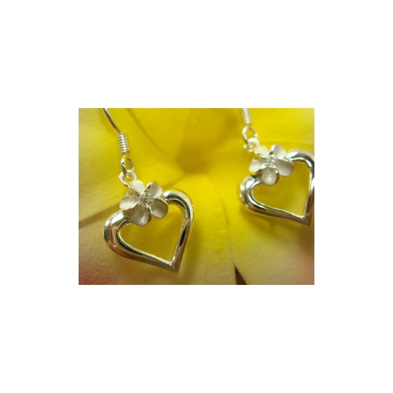 LocoMocoAloha Earrings, Hawaiian Jewelry, Heart Plumeria Hook, Genuine Jewelry
