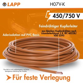Lapp 5 Meter Lapp 4520035 H07V-K 10 mm2 braun I Verdrahtungsleitung I Aderleitung flexibel I PVC-Einzelader I Litze 10mm2 I Verdrahtung