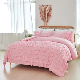 PERFEMET Pink Twin Comforter Set for Girls Boho Ruffle Princess Bedding Set Multi Layers Ruffled Kids Bed Sets Washed Microfiber Farmhouse Fluffy Bed Comforter Set for Bedroom (Pink,Twin)