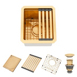 MONSINTA Gold Bar Sink, 13 Inch Undermount Kitchen Sink, 13" x 15" x 10" Small and Deep Single Bowl Kitchens Sinks RV Sink, 16 Gauge Stainless Steel Workstation Sinks with Gold Accessories