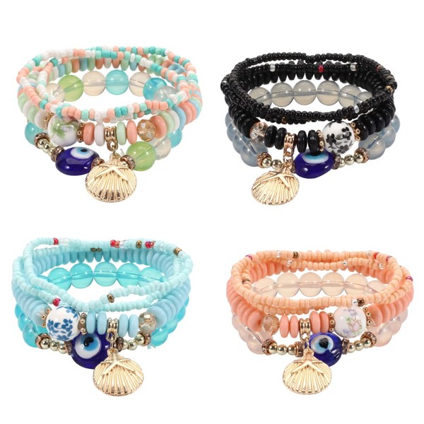 4/2 Sets Bohemian Stretch Beads Bracelets Multilayer Evil Eye Hamsa