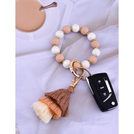 Donouzair Cute Keychain Wristlet,Silicone Beaded Key Ring Bracelet Keychain Car Holder Key Chains for Women with Gift Box(Oatmeal)