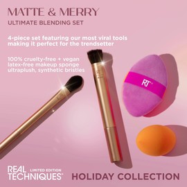 Real Techniques Real Techniques Matte & Merry Ultimate Blending 4 Piece Holiday Gift Set, Foundation Makeup Sponge, Dual-Sided Powder Puff, & 2 Makeup Brushes, Kitten Paw Brush, Stocking Stuffer, Limited Edition