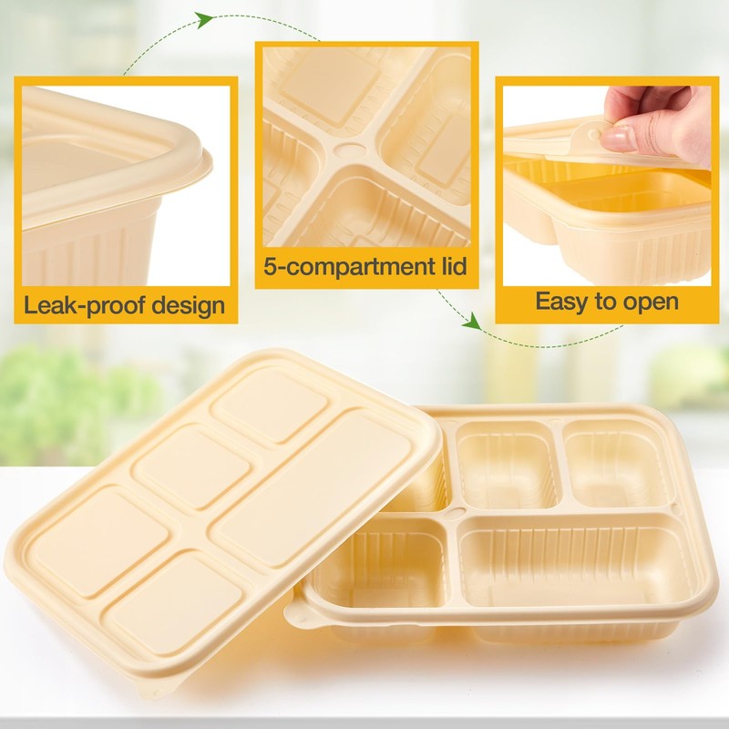 Havawish 30 Pack(60 Pcs) 5 Compartments Compostable Plates with Lids