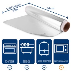 BlissMart Aluminium Foil Roll 30cm x 75m Tin Foil Kitchen Foil Premium Quality Kitchen Roll Catering Foil Baking & Cooking Foil Paper Roll Food Wrapping Strong Kitchen Foil Roll with Built-in Cutter