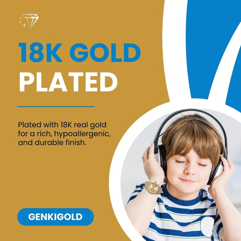 Genkigold Gold Diamond Watch for Teen Boys - 43mm Roman