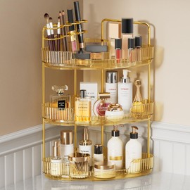 EUHOME 3-Tier Corner Bathroom Counter Organizer Makeup Cosmetic Storage, Tool-Free Installation Acrylic Vanity Shelf, Countertop Storage Organizers Perfume Tray for Bathroom, Dresser, Kitchen (Gold)