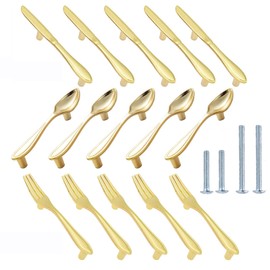 CENDGOOD Door Pulls Tableware Handles Spoon Knife Fork Shape Kitchen Cupboard Cabinet Dresser Closet Drawer Hole Center 3" Gold Pack of 15