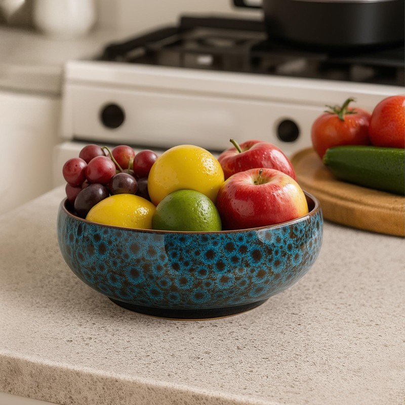 UANYEMON Blue Ceramic Decorative Bowl, Rustic Oval Display Dish for