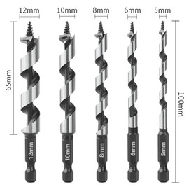 Vearter 5-12mm Ship Auger Drill Bit Kit, 5PCS/Set with 1/4'' Hex Shank, 100mm Length for Soft & Hard Wood, Plastic, Drywall and Composite Materials