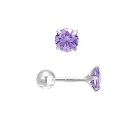 5MM Round Cubic Zirconia Studs Screw Backs Sterling Silver Earrings for Women, Amethyst Purple