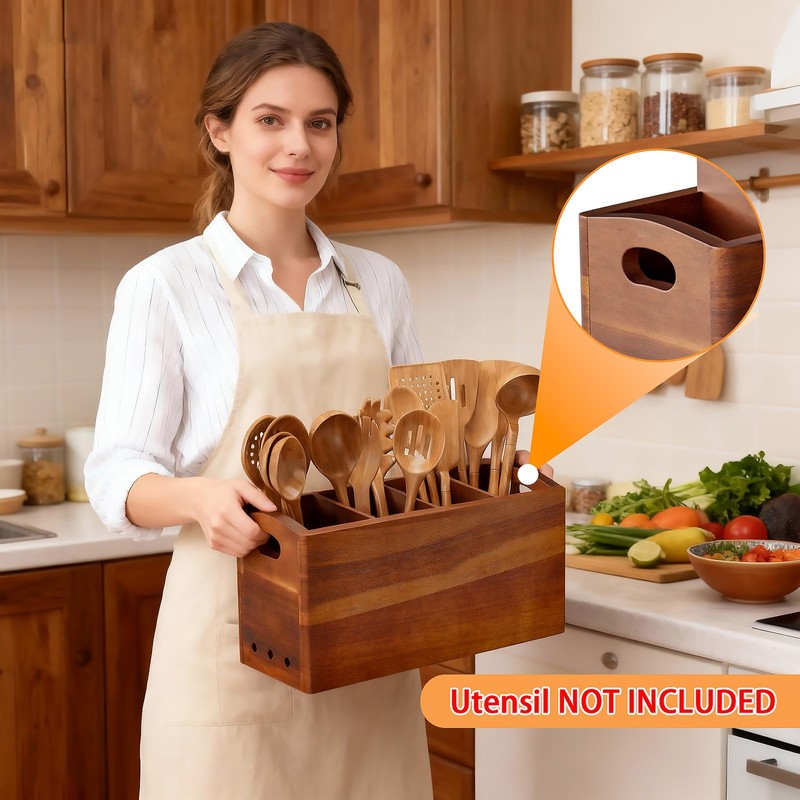 PrimZooty Natural Acacia Wood Utensil Holder for Kitchen Counter (X-Large),