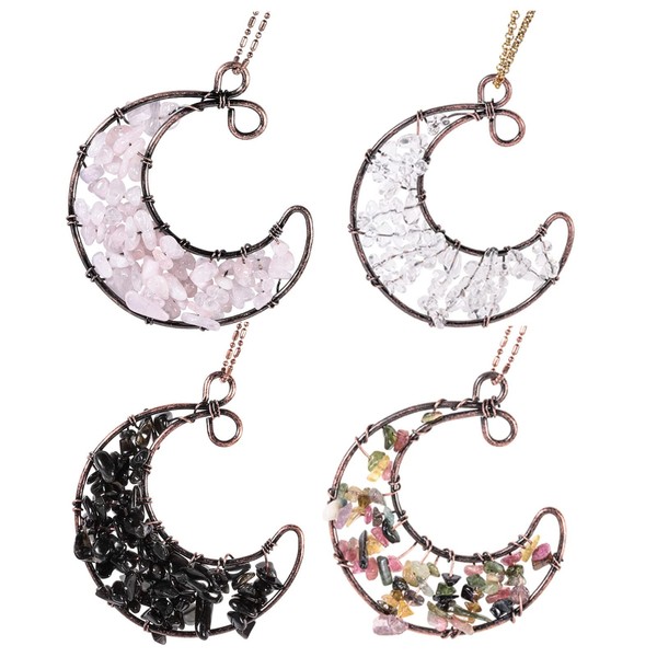 SUNYIK Rose Quartz/Rock Quartz/Obsidian/Tourmaline Crescent Moon Crystal Pendant Necklace for
