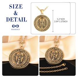 INFINIONLY Mens Stainless Steel Pirate Head Medallion Necklace: Fashion Gold Round Pendant Coins for Teenagers - Vintage Nautical Amulet Necklaces with 55cm Chain - Novelty Jewellery