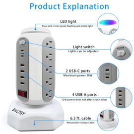 Power Strip Tower with Retractable Charging Cables, BOLTGY Surge Protector Tower with PD30W USB C and 15 AC Outlets, Flat Plug 6.5ft Large Fast Charging Station for Home Office - White