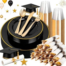 SUT 175 Pcs Black and Gold Plastic Dinnerware Set for 25 Guests, Include: 25 Dinner Plates, 25 Dessert Plates, 25 Pre Rolled Napkins With Silverware, 25 Cups, Disposable Plates for Party