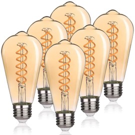 RuiAoTD ST58 (ST19) Vintage Edison LED Bulb, Warm White 2500K, Antique Flexible Spiral LED Filament Light Bulb, 600LM Dimmable, 6W Equivalent to 60W, CRI 80+, E26 Base, Amber Glass, 6 Pack