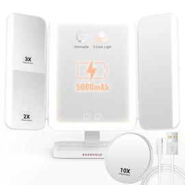 EASEHOLD Lighted Makeup Mirror with Magnification, Makeup Mirror with ligths, 2X 3X 10X Magnifying, Rechargable LED Mirror with 3 Colors Lights for Makeup Desk, Gifts for Women