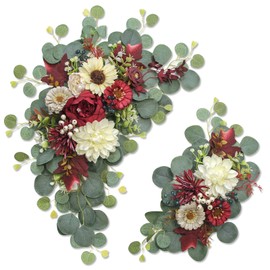 Odouzy Artificial Wedding Arch Flowers for Wedding Sign,Set of 2 for Wedding Welcome Ceremony Sign,Faux Floral Swags,Wedding, Banquet and Reception Backdrop Floral Decoration (White Red)