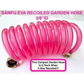 SANFU EVA Recoiled Garden Water Hose 3/8"ID x 10ft Premium With 3/4"Inch Brass Fittings Retractable, Flexible, Swivel Female, Outdoor Patio Hose Marine&Boat, Transparent Pink(10')
