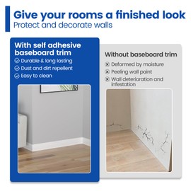 Muzata 4 Inch x 20 Feet Flexible Baseboard Molding Trim Wall Base Peel and Stick Rubber White Moulding Trim Self-Adhesive Design Vinyl Wall Base Cove Base for Indoor Decor SB03