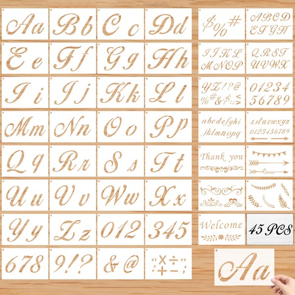 45Pcs Letter Stencils Alphabet et Chiffre Calligraphie Pochoir Majuscule Minuscule Décoration Réutilisable Peinture Dessin pour Bois Mur Fenêtre Journal Cartes