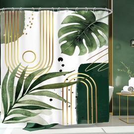 Glawry Green Gold Boho Mid Century Shower Curtain Abstract Tropical Plant Minimalist Modern Geometric Palm Leaf Arch Bathroom Simple 72Wx72L Inches Bath Accessories Art Home Decor Fabric 12 Pack Hooks