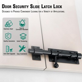 Slide Bolt Gate Latch, 6.3 Inch Heavy Duty Solid Stainless Steel Bolts Latches,for Fence, Yard Doors, Garages, Bedrooms, Cupboards and Window (2 Pack, Black)