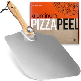 OUII Aluminum Pizza Peel Metal - 12 x 14 Inch. Pizza Spatula for Oven with Foldable Wood Handle. Pizza Oven Accessories Tools. Turning Peel, Bread, Pastry, Dough, Cake Spatula